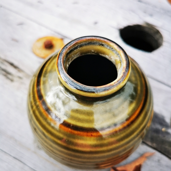 Vintage Abstract Floral Striped Pottery Vase - Picture 6 of 14